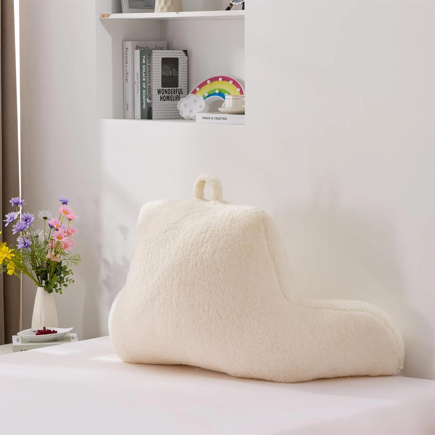 A Nice Night Sherpa Fleece Flannel Reading Pillow Bed Wedge Adult Backrest with Arms Back Support for Sitting Up in Bed/Couch,White,Large