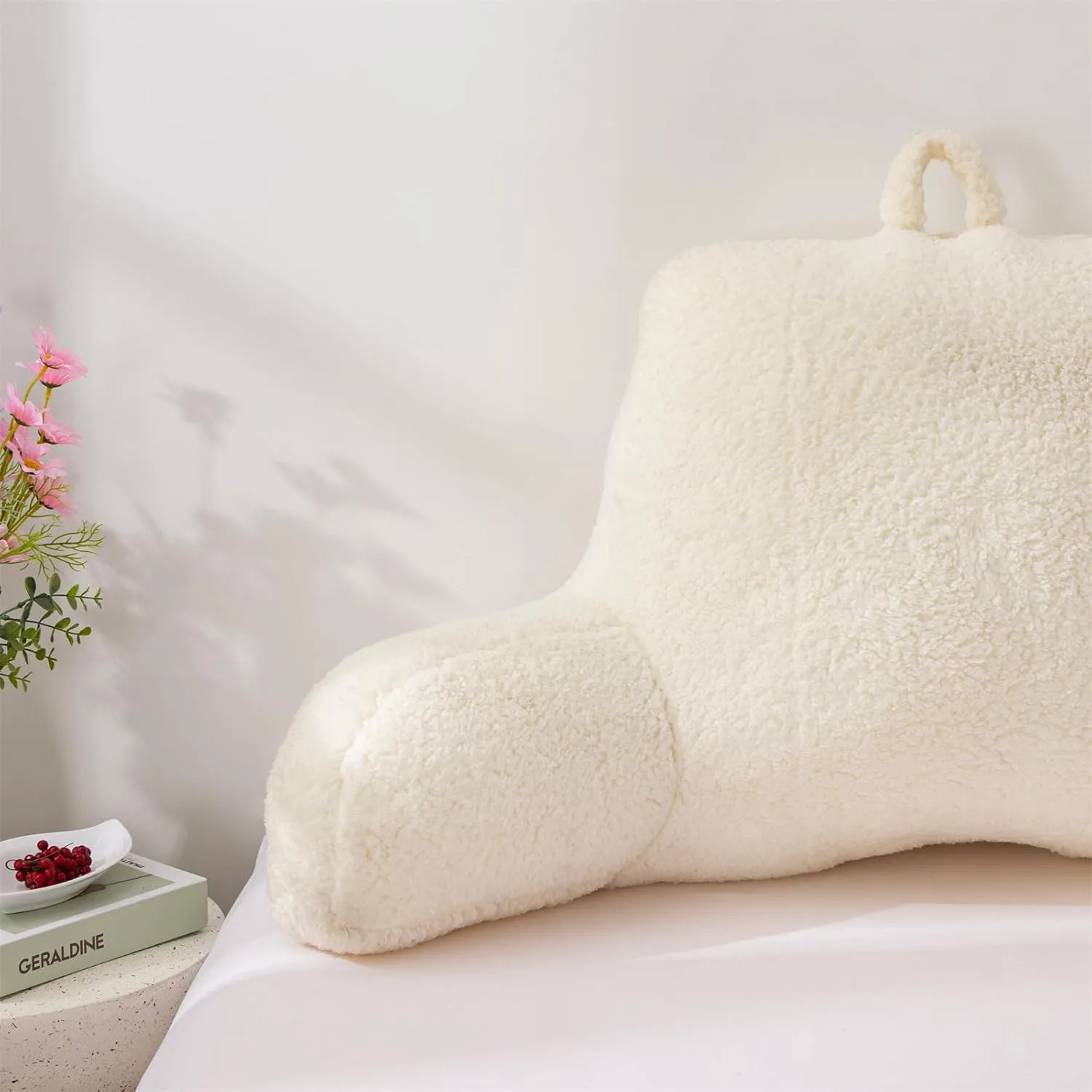 A Nice Night Sherpa Fleece Flannel Reading Pillow Bed Wedge Adult Backrest with Arms Back Support for Sitting Up in Bed/Couch,White,Large