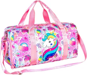 AGSDON Dance Ballet Bags for Girls, Kids Duffle Gym Bag Travel with Shoe Compartments Sports Ballet Bag Teens Weekender Sleepover Carry On Bag Unicorn/Dinosaur