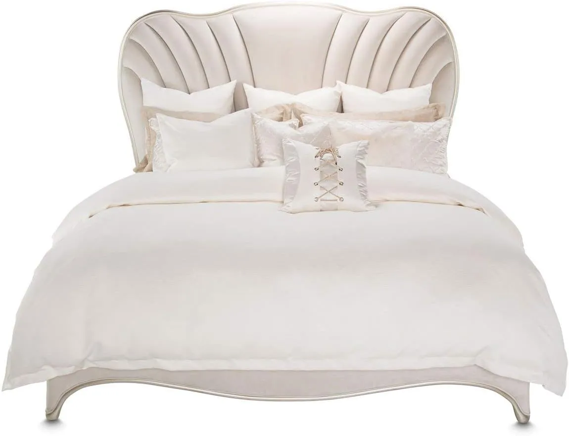 Aico Amini London Place E King Upholstered Panel Bed in Creamy Pearl