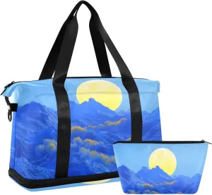 AIXIWAWA Duffel Bag Landscape Blue Print for Travel Gym with Shoes Compartment Large Capacity with Toiletry Bag