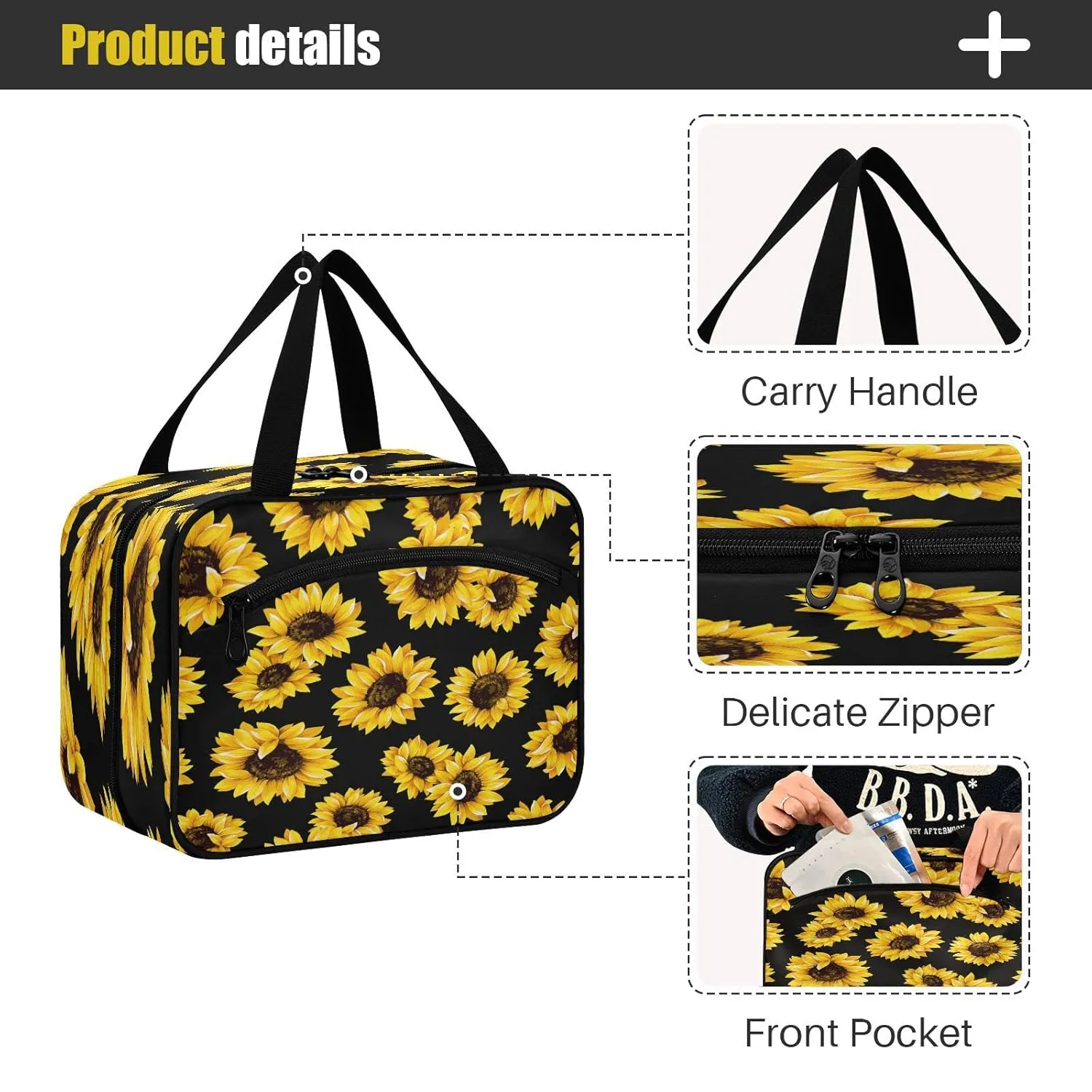 ALAZA Black Yellow Sunflower Toiletry Bag Men and Women Travel Hanging Makeup Cosmetic Bag Toiletries Accessories M