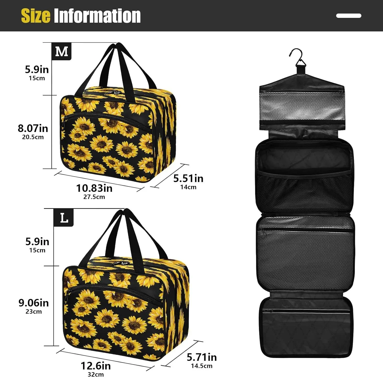 ALAZA Black Yellow Sunflower Toiletry Bag Men and Women Travel Hanging Makeup Cosmetic Bag Toiletries Accessories M