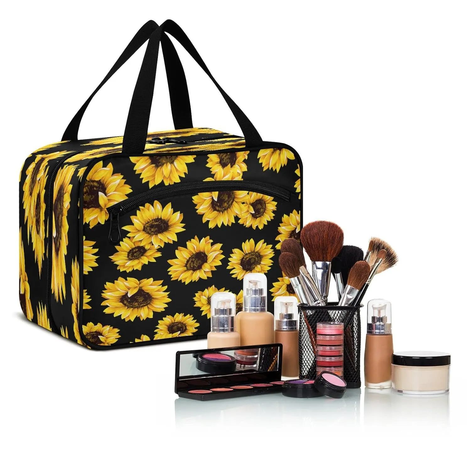 ALAZA Black Yellow Sunflower Toiletry Bag Men and Women Travel Hanging Makeup Cosmetic Bag Toiletries Accessories M