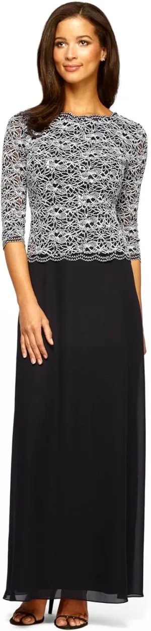 Alex Evenings Women's 3/4 Sleeve Stretch Lace Bodice One Piece Mother of The Bride Dress (Petite and Regular Sizes)