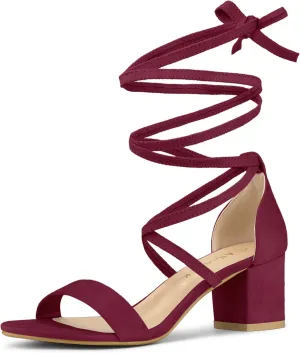 Allegra K Women's Lace Up Mid Chunky Heeled Burgundy Sandals 10 M US
