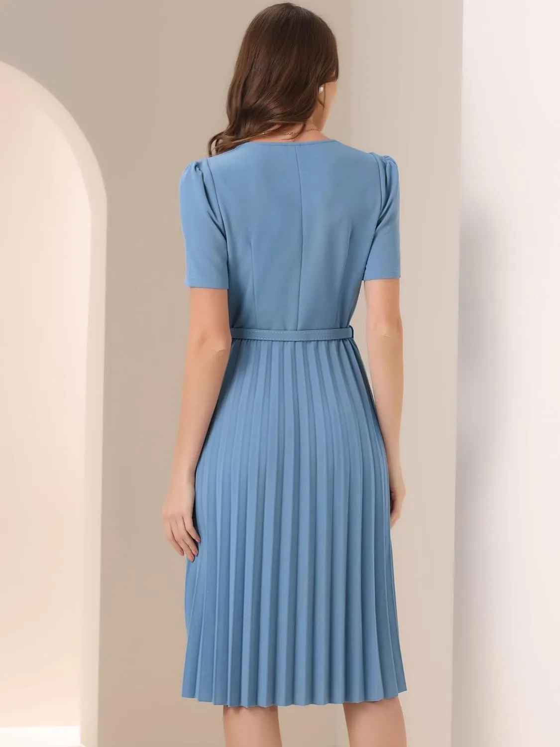 Allegra K Work Dresses for Women's V-Neck Short Sleeve Below Knee Belted A-Line Pleated Dress