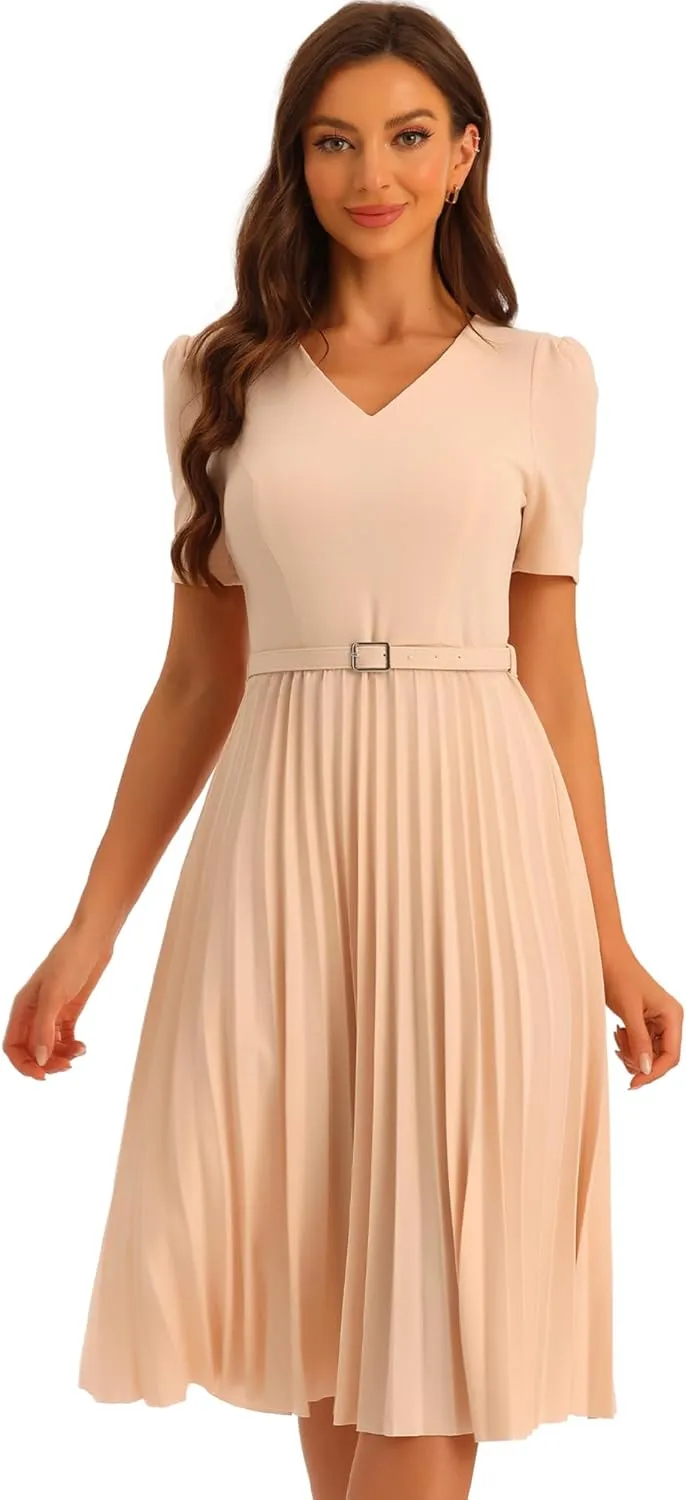 Allegra K Work Dresses for Women's V-Neck Short Sleeve Below Knee Belted A-Line Pleated Dress