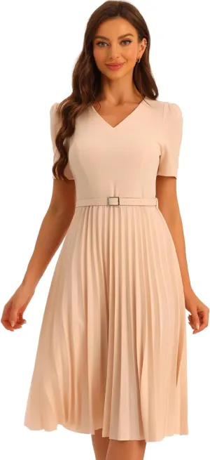Allegra K Work Dresses for Women's V-Neck Short Sleeve Below Knee Belted A-Line Pleated Dress