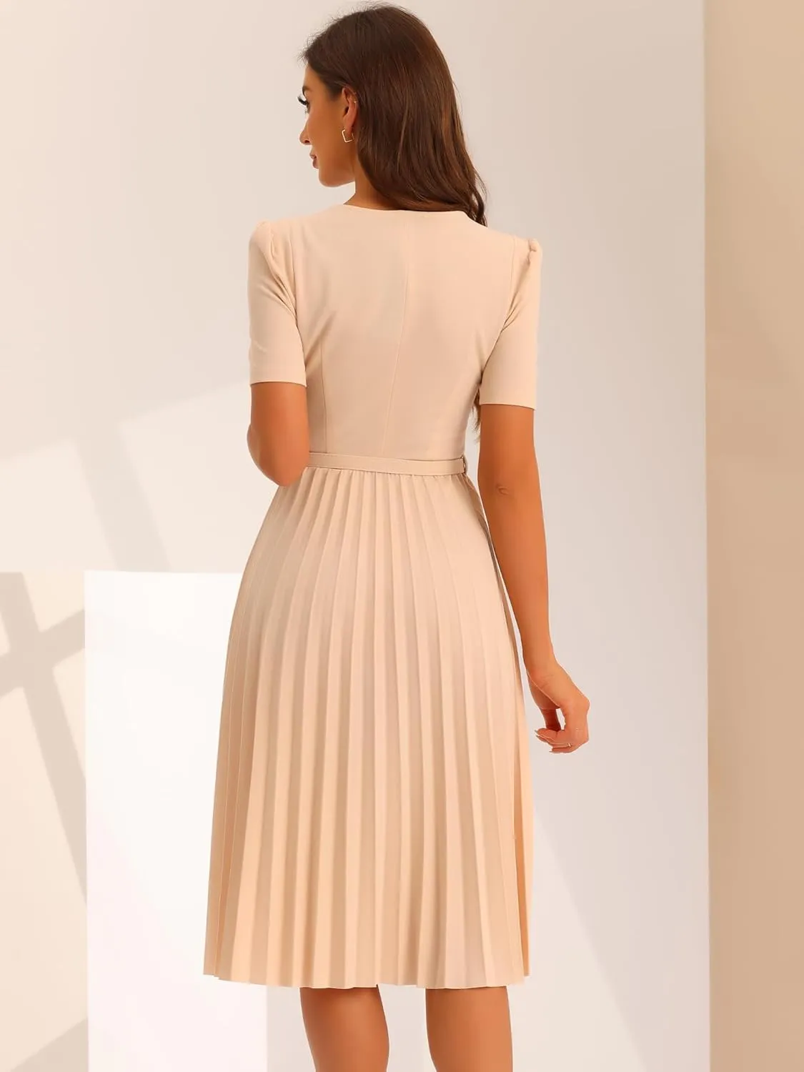 Allegra K Work Dresses for Women's V-Neck Short Sleeve Below Knee Belted A-Line Pleated Dress