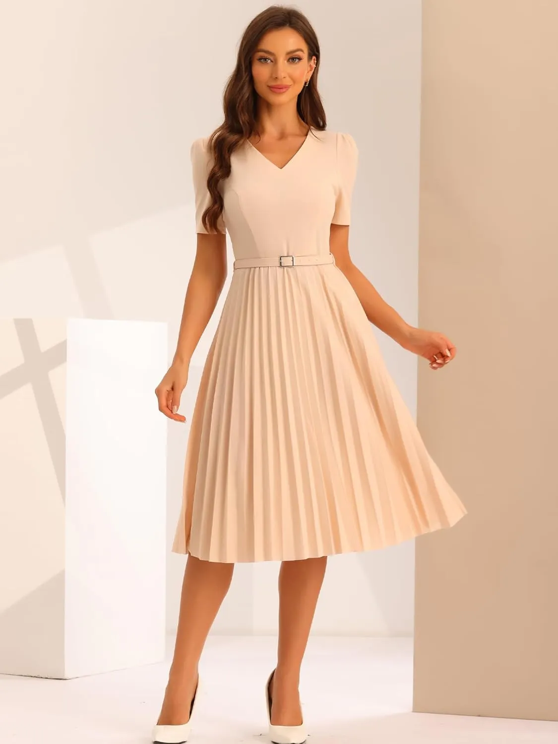 Allegra K Work Dresses for Women's V-Neck Short Sleeve Below Knee Belted A-Line Pleated Dress