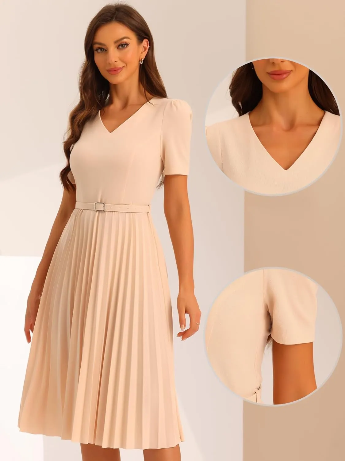 Allegra K Work Dresses for Women's V-Neck Short Sleeve Below Knee Belted A-Line Pleated Dress