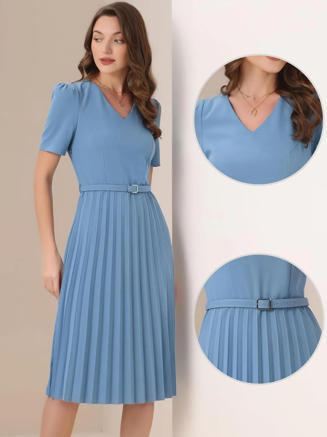 Allegra K Work Dresses for Women's V-Neck Short Sleeve Below Knee Belted A-Line Pleated Dress
