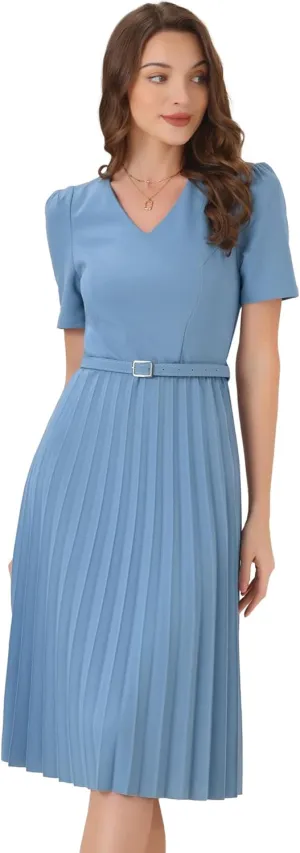 Allegra K Work Dresses for Women's V-Neck Short Sleeve Below Knee Belted A-Line Pleated Dress