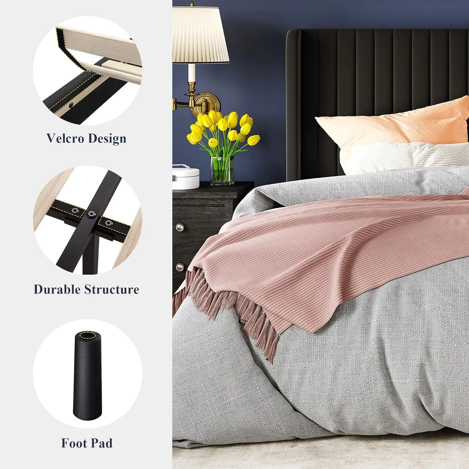 Allewie King Size Velvet Bed Frame/Vertical Channel Tufted Wingback Headboard/Upholstered Platform Bed/Strong Wooden Slats/No Box Spring Needed/Easy Assembly/Black