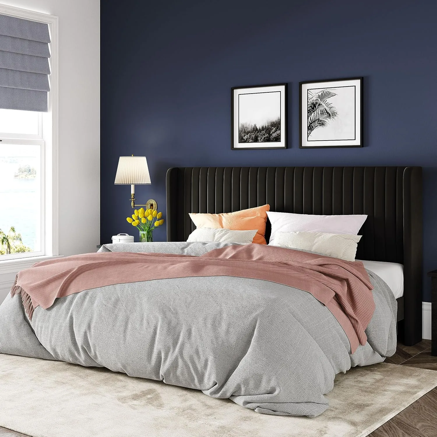 Allewie King Size Velvet Bed Frame/Vertical Channel Tufted Wingback Headboard/Upholstered Platform Bed/Strong Wooden Slats/No Box Spring Needed/Easy Assembly/Black