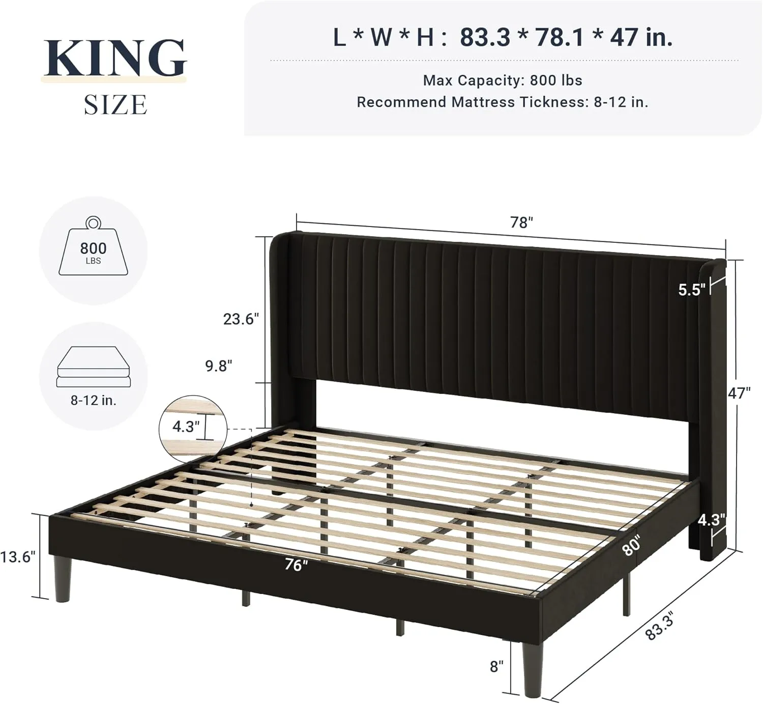 Allewie King Size Velvet Bed Frame/Vertical Channel Tufted Wingback Headboard/Upholstered Platform Bed/Strong Wooden Slats/No Box Spring Needed/Easy Assembly/Black