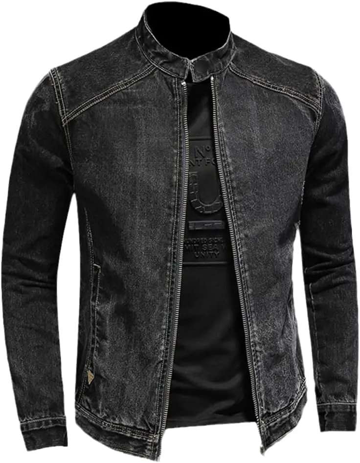Alloaone Spring Autumn Black Jeans Jacket Men Style Bomber Aviator Motorcycle Denim Retro Slim Streetwear Coat