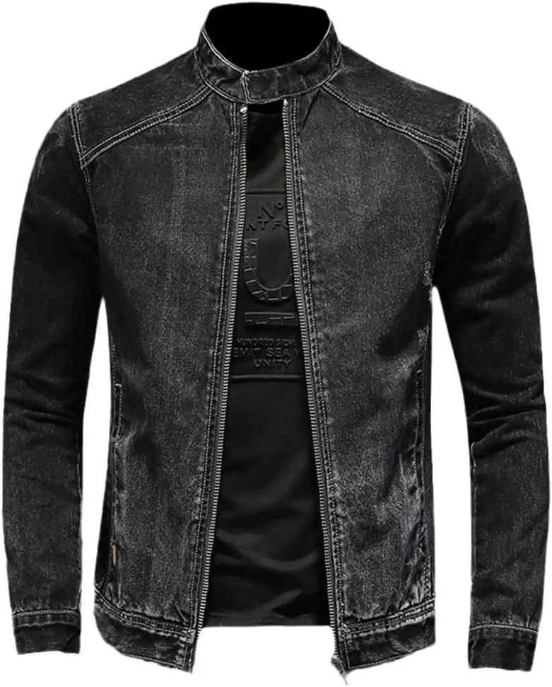 Alloaone Spring Autumn Black Jeans Jacket Men Style Bomber Aviator Motorcycle Denim Retro Slim Streetwear Coat