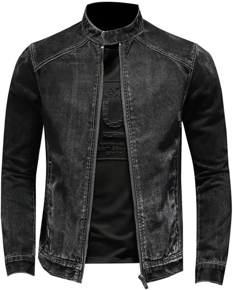 Alloaone Spring Autumn Black Jeans Jacket Men Style Bomber Aviator Motorcycle Denim Retro Slim Streetwear Coat