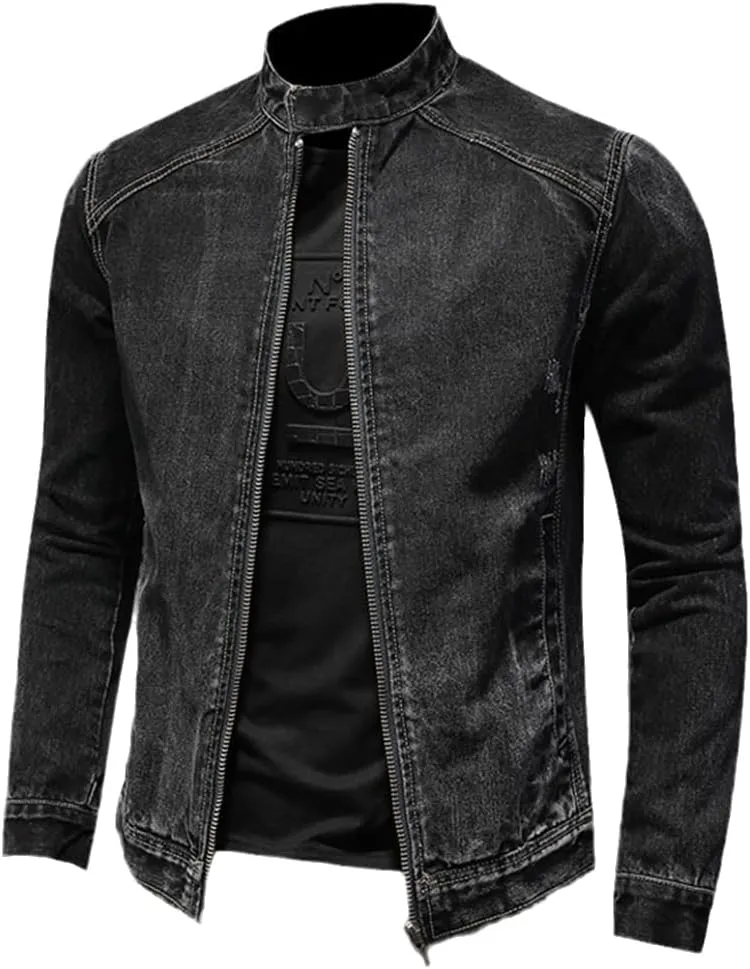 Alloaone Spring Autumn Black Jeans Jacket Men Style Bomber Aviator Motorcycle Denim Retro Slim Streetwear Coat