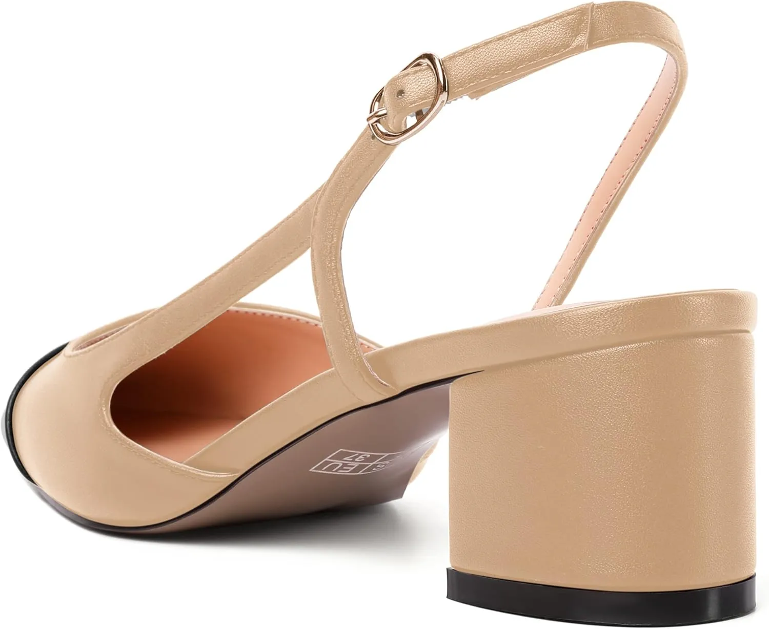 AMBELIGHT Womens Two Tone Buckle Matte Evening Square Toe Slingback Dress Chunky Low Heel Pumps Shoes 2 Inch