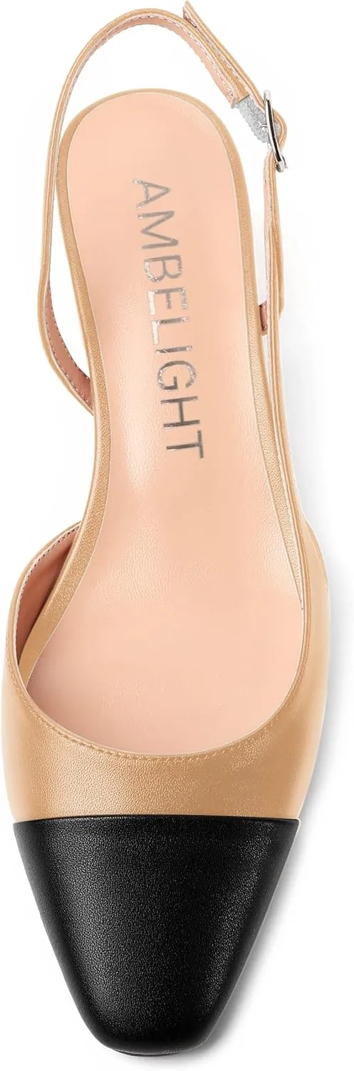 AMBELIGHT Womens Two Tone Buckle Matte Evening Square Toe Slingback Dress Chunky Low Heel Pumps Shoes 2 Inch