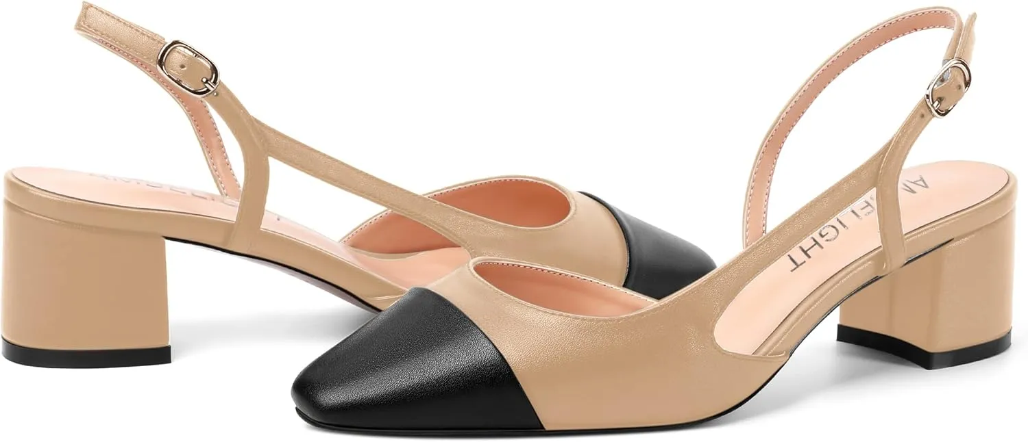 AMBELIGHT Womens Two Tone Buckle Matte Evening Square Toe Slingback Dress Chunky Low Heel Pumps Shoes 2 Inch
