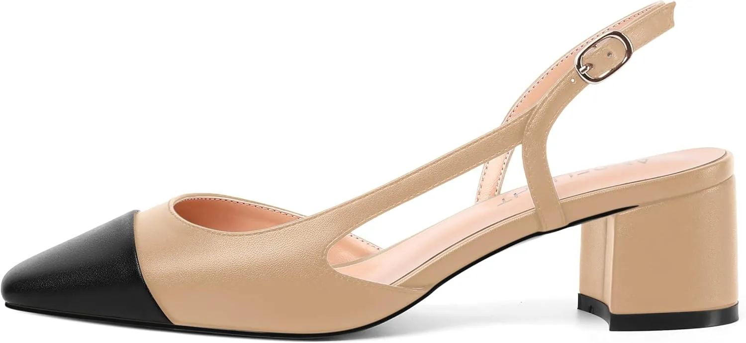 AMBELIGHT Womens Two Tone Buckle Matte Evening Square Toe Slingback Dress Chunky Low Heel Pumps Shoes 2 Inch