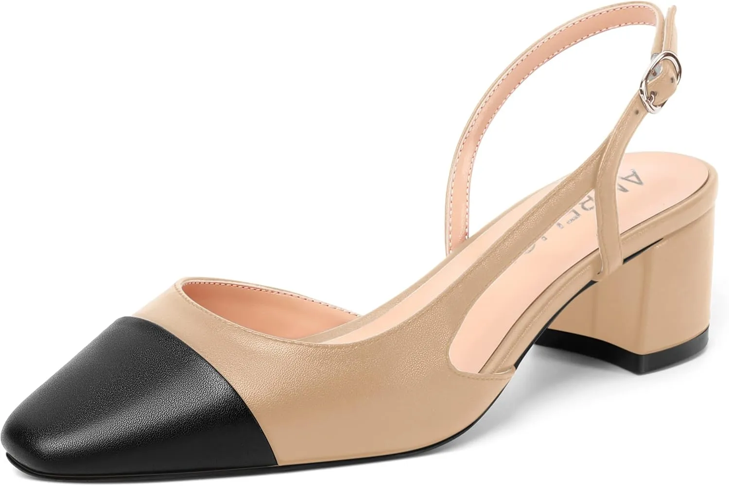 AMBELIGHT Womens Two Tone Buckle Matte Evening Square Toe Slingback Dress Chunky Low Heel Pumps Shoes 2 Inch