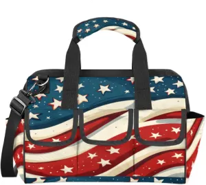 American Flag Stars Tool Bags for Men and Women Patriotic 4th of July Heavy Duty Tool Tote Organizer Bag for Electrician Carpenter Mechanic, Adjustable Shoulder Strap