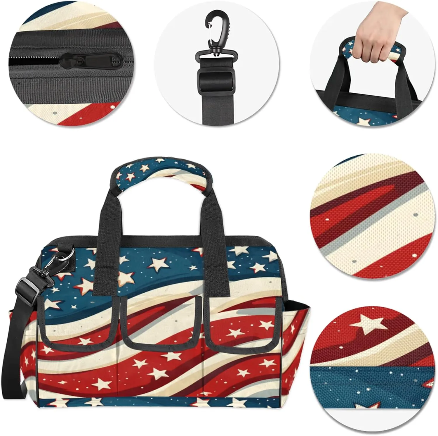 American Flag Stars Tool Bags for Men and Women Patriotic 4th of July Heavy Duty Tool Tote Organizer Bag for Electrician Carpenter Mechanic, Adjustable Shoulder Strap