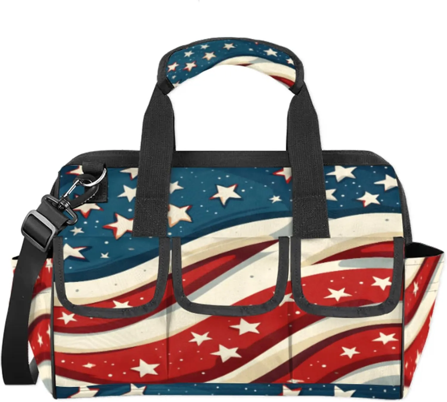 American Flag Stars Tool Bags for Men and Women Patriotic 4th of July Heavy Duty Tool Tote Organizer Bag for Electrician Carpenter Mechanic, Adjustable Shoulder Strap