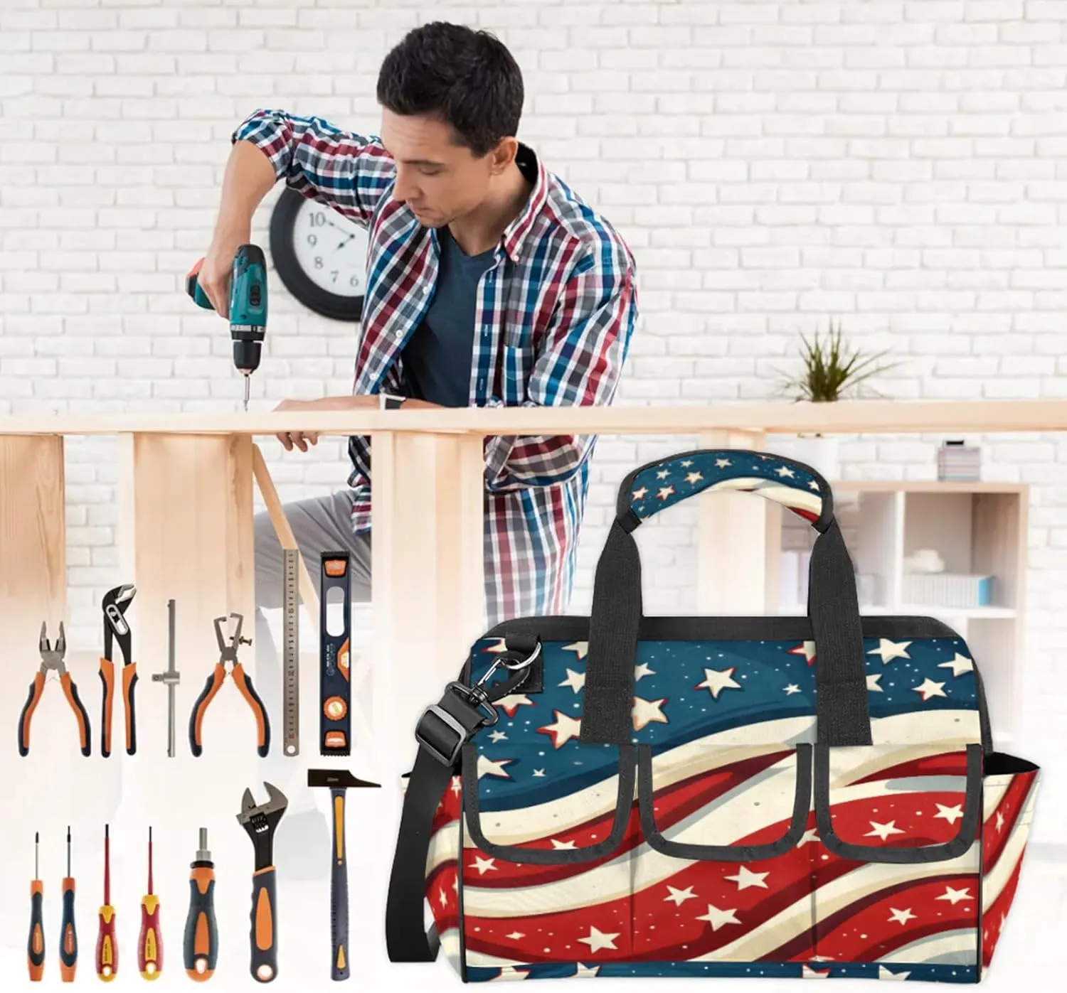 American Flag Stars Tool Bags for Men and Women Patriotic 4th of July Heavy Duty Tool Tote Organizer Bag for Electrician Carpenter Mechanic, Adjustable Shoulder Strap