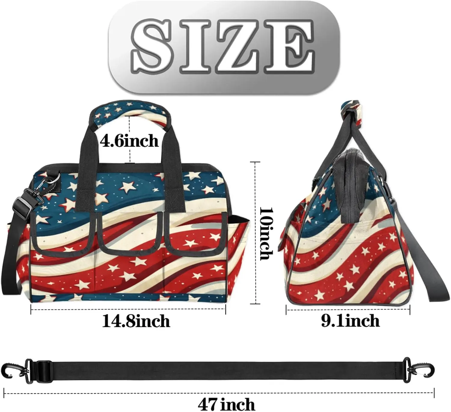 American Flag Stars Tool Bags for Men and Women Patriotic 4th of July Heavy Duty Tool Tote Organizer Bag for Electrician Carpenter Mechanic, Adjustable Shoulder Strap
