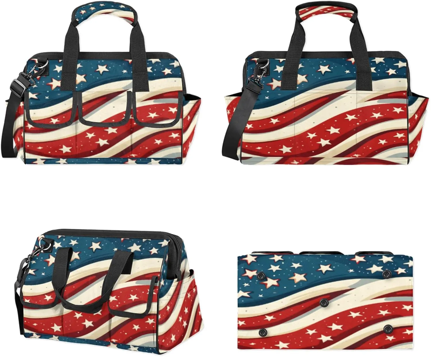 American Flag Stars Tool Bags for Men and Women Patriotic 4th of July Heavy Duty Tool Tote Organizer Bag for Electrician Carpenter Mechanic, Adjustable Shoulder Strap