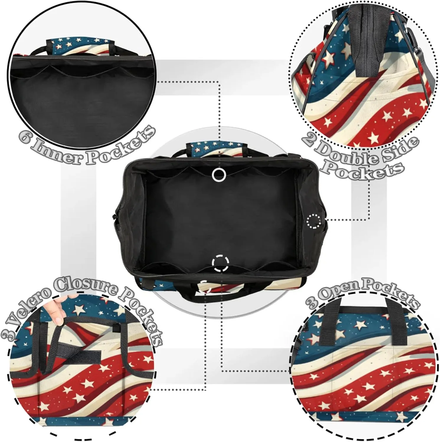 American Flag Stars Tool Bags for Men and Women Patriotic 4th of July Heavy Duty Tool Tote Organizer Bag for Electrician Carpenter Mechanic, Adjustable Shoulder Strap