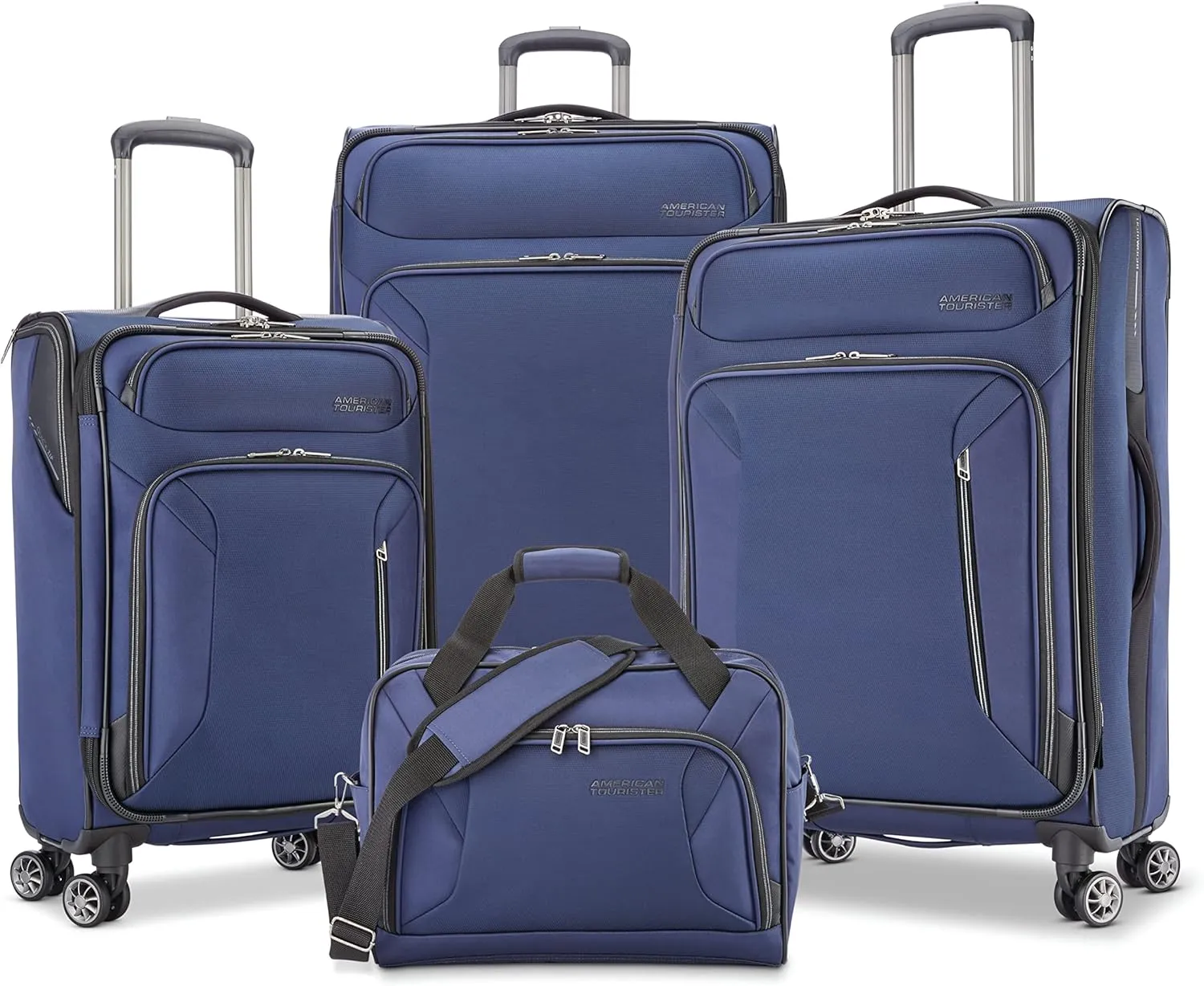 American Tourister Zoom Softside Luggage with Spinner Wheels (Navy, 4PC SET (BB/21/25/28))