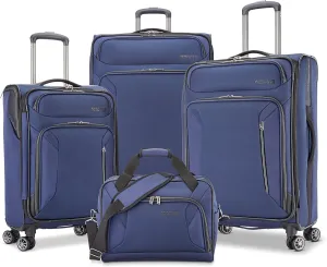 American Tourister Zoom Softside Luggage with Spinner Wheels (Navy, 4PC SET (BB/21/25/28))