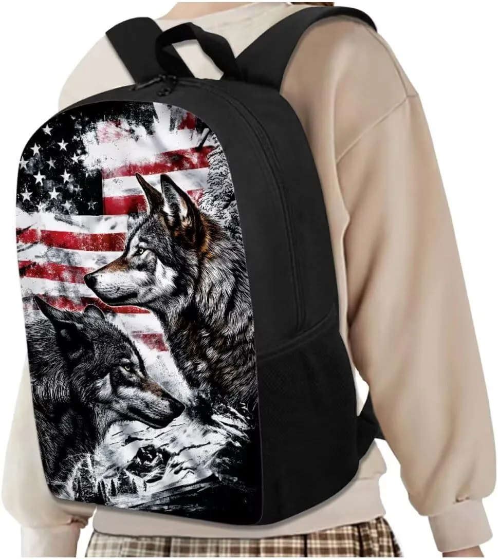 American Wolf Elementary School Backpack for Boys 4 In 1 Bags with Insulation Lunch Box Set Water Bottle Sleeve Pencil Case 17 Inch Backpack 7Th Grade Boys for Teens Kids Book Bags Students