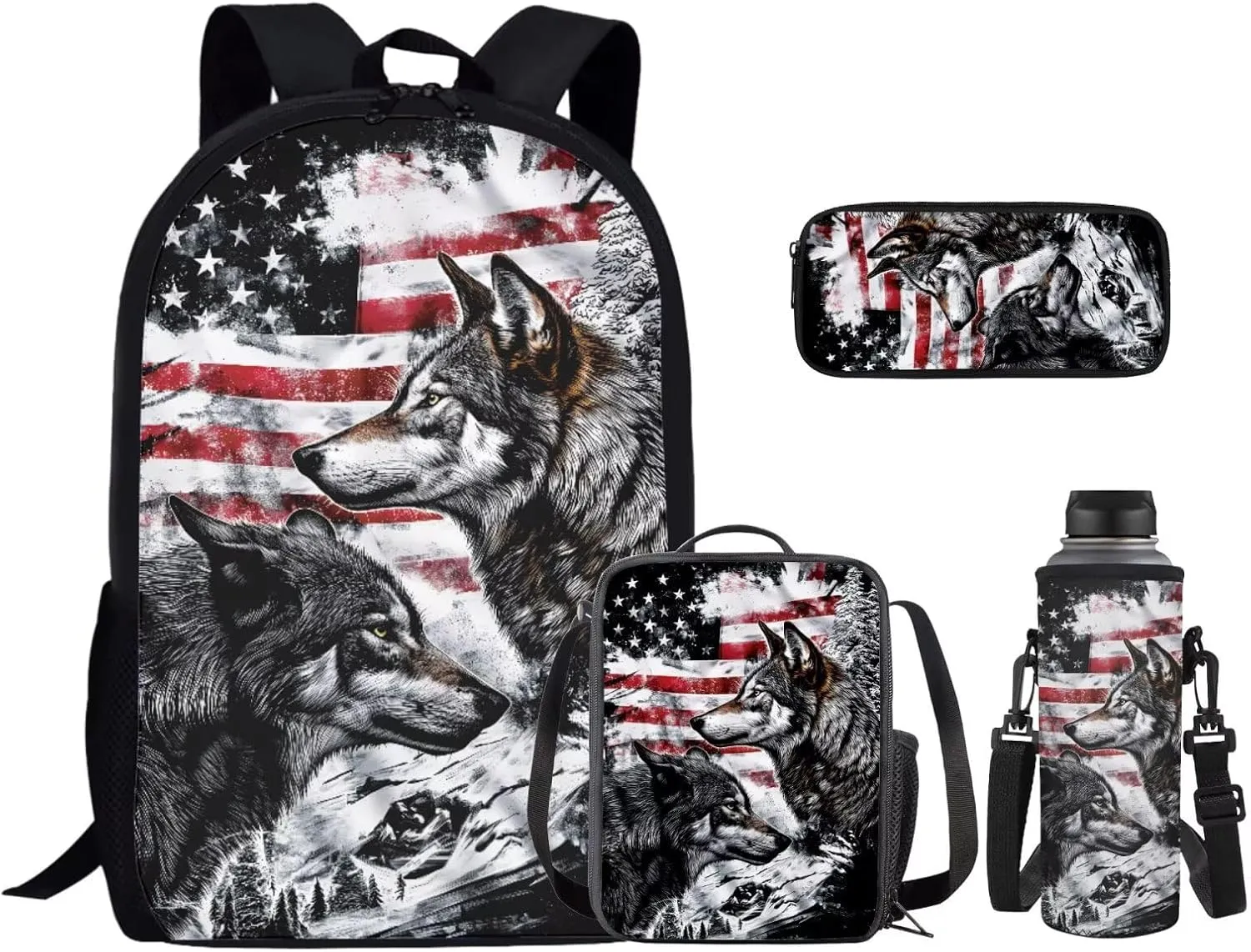 American Wolf Elementary School Backpack for Boys 4 In 1 Bags with Insulation Lunch Box Set Water Bottle Sleeve Pencil Case 17 Inch Backpack 7Th Grade Boys for Teens Kids Book Bags Students
