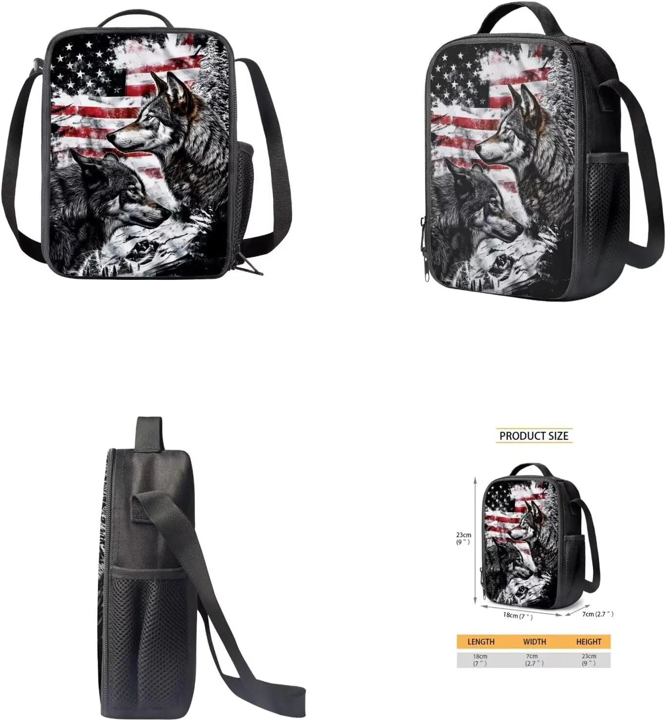 American Wolf Elementary School Backpack for Boys 4 In 1 Bags with Insulation Lunch Box Set Water Bottle Sleeve Pencil Case 17 Inch Backpack 7Th Grade Boys for Teens Kids Book Bags Students