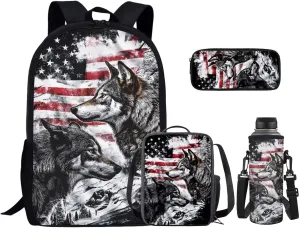 American Wolf Elementary School Backpack for Boys 4 In 1 Bags with Insulation Lunch Box Set Water Bottle Sleeve Pencil Case 17 Inch Backpack 7Th Grade Boys for Teens Kids Book Bags Students
