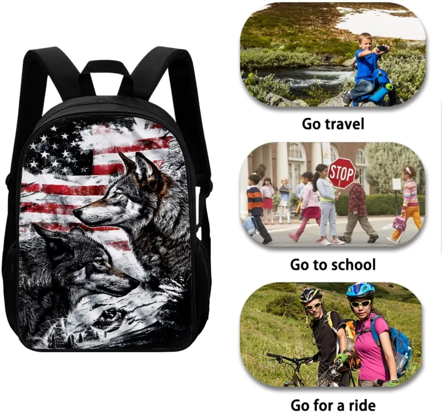 American Wolf Elementary School Backpack for Boys 4 In 1 Bags with Insulation Lunch Box Set Water Bottle Sleeve Pencil Case 17 Inch Backpack 7Th Grade Boys for Teens Kids Book Bags Students