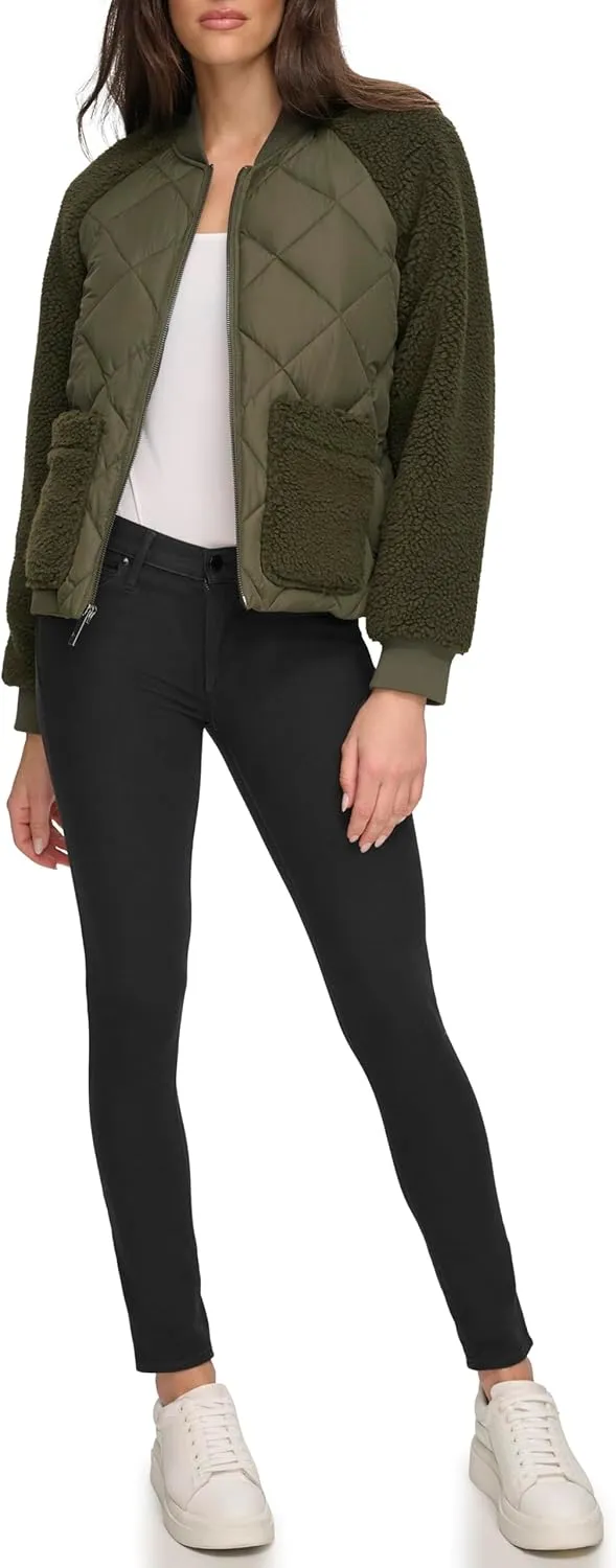 Andrew Marc Women's Mixed Sherpa Bomber Jacket