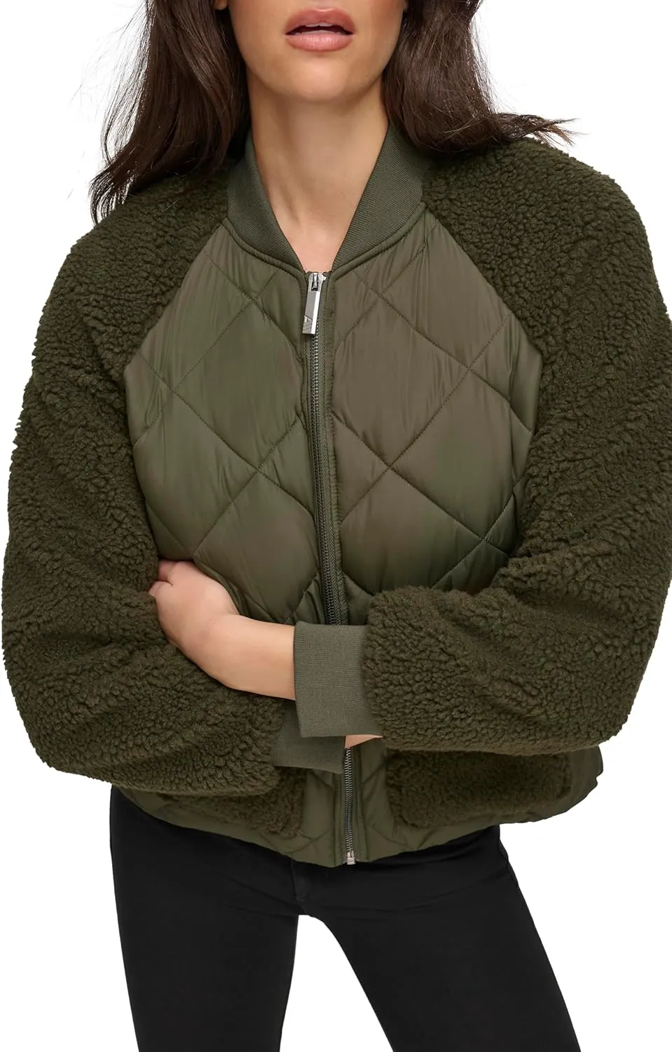 Andrew Marc Women's Mixed Sherpa Bomber Jacket