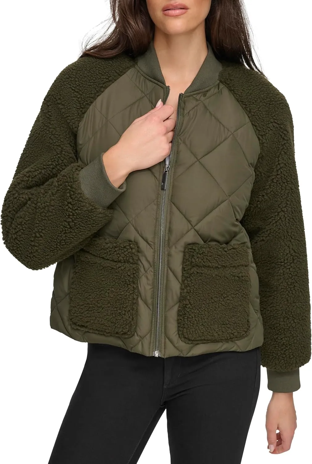 Andrew Marc Women's Mixed Sherpa Bomber Jacket