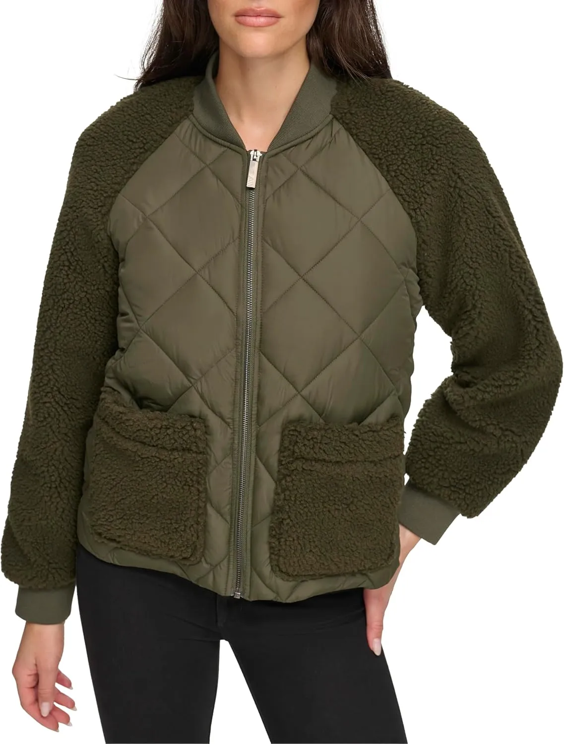 Andrew Marc Women's Mixed Sherpa Bomber Jacket
