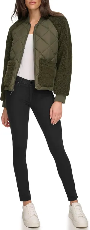 Andrew Marc Women's Mixed Sherpa Bomber Jacket