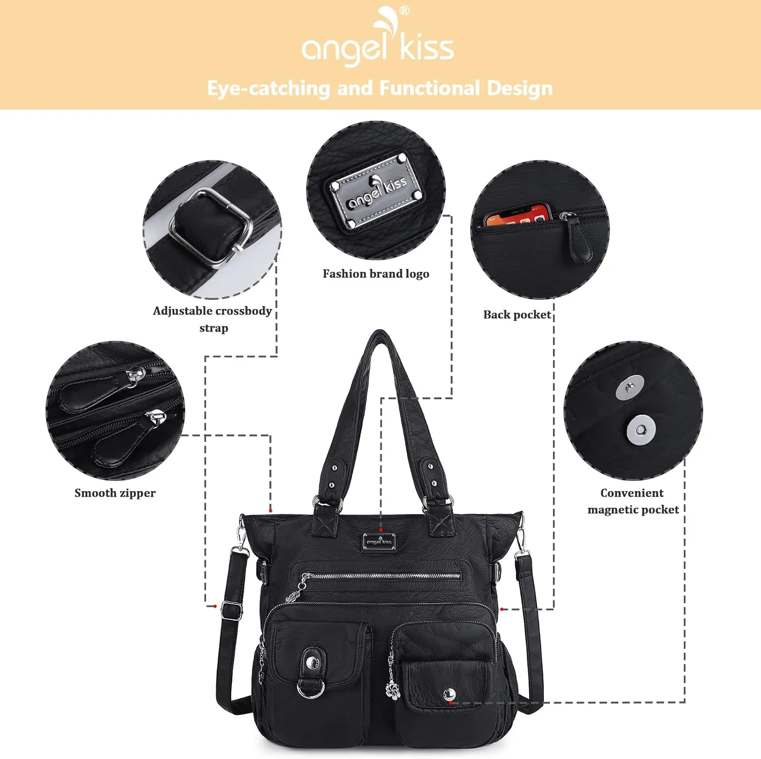 Angelkiss Purses Handbags for Women PU Tote Satchel Bags for Women Pockets Shoulder Bags…